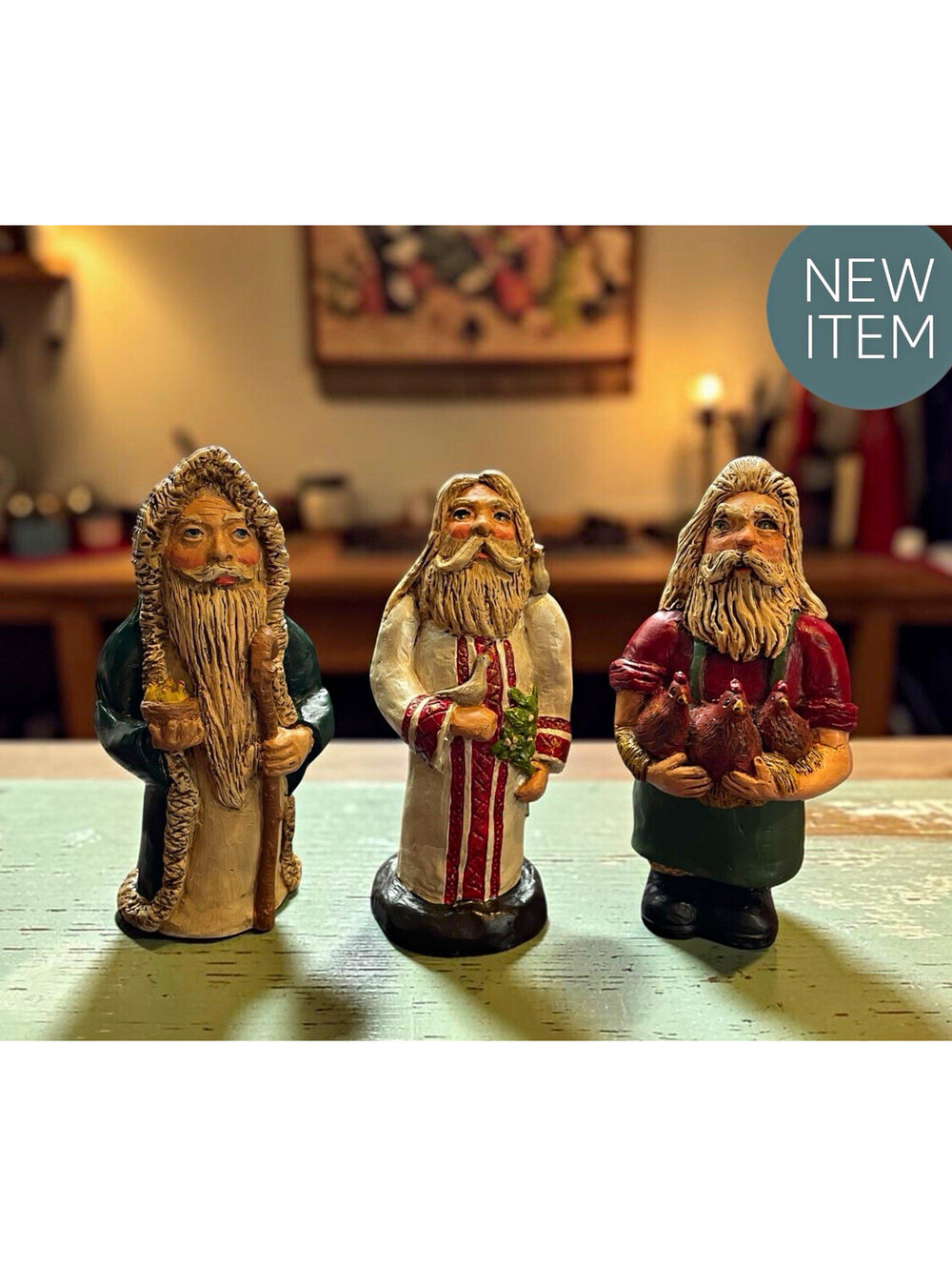 Vintage 1990s Folk Art Santa Claus Figurines - Set of 3 Old World Resin Santas
